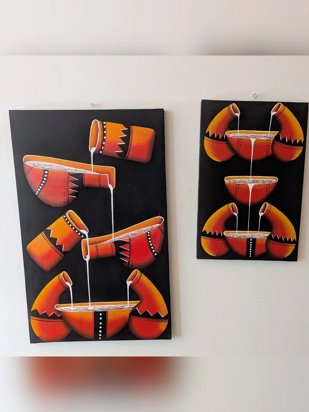 Set of 2 Hand Painted African Oil On Canvas Paintings Tribal Gourd Wall Art